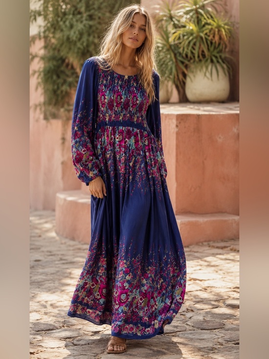 Dresses & Skirts - Romantic Flowy Blue Floral Maxi Botanical Dress Smocked Bodice